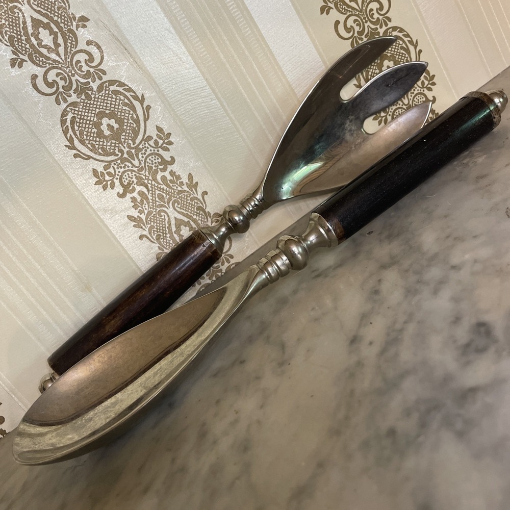 Vintage pair of‎ serving spoons metal with wood handle India